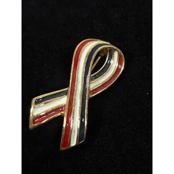 Estate Jewelry - American Flag Ribbon Brooch Red White Blue Enamel Patriotic Pin